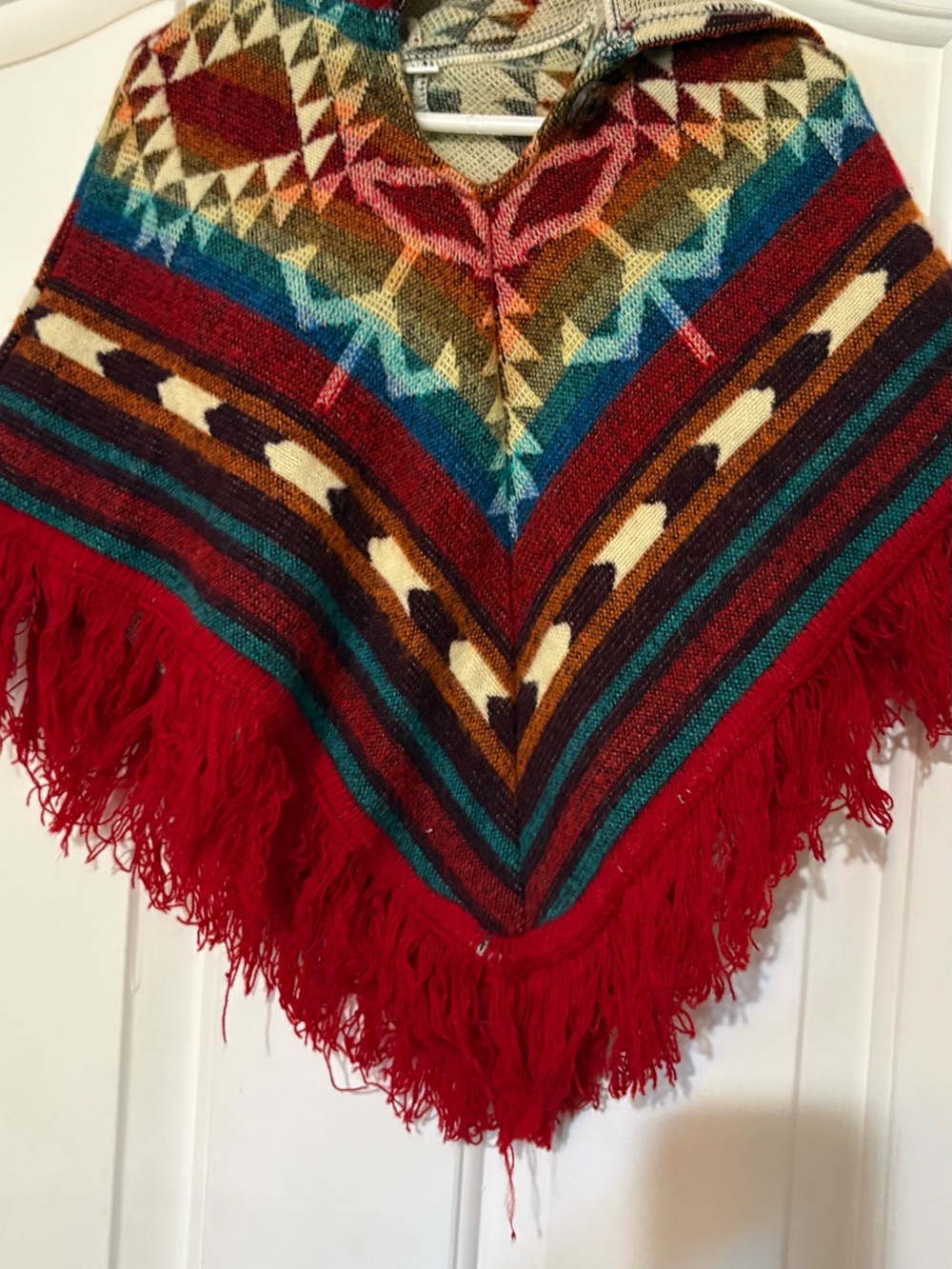Boho Fringe Knit Poncho in Red, Teal & Mustard